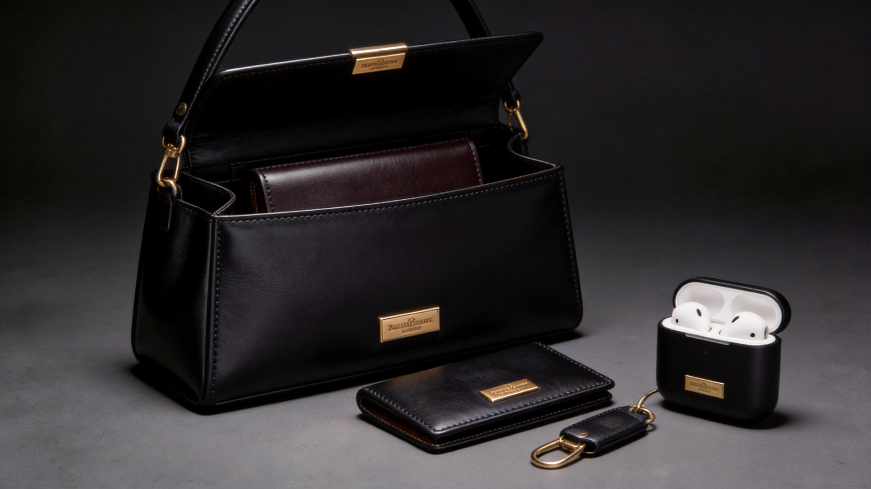Custom designed hang tags with brand logo and product information attached to luxury handbag