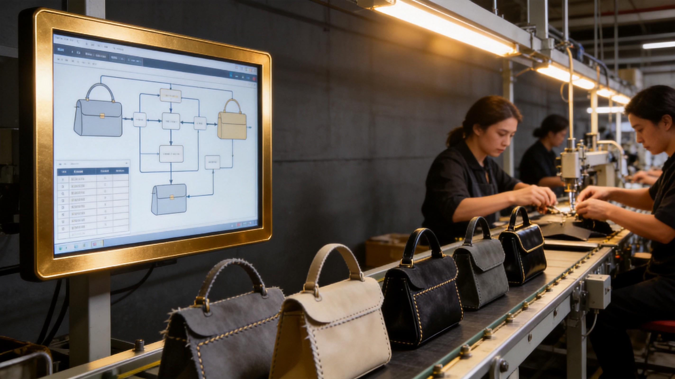Beautifully merchandised handbag wall display with color-coordinated arrangement and accent lighting