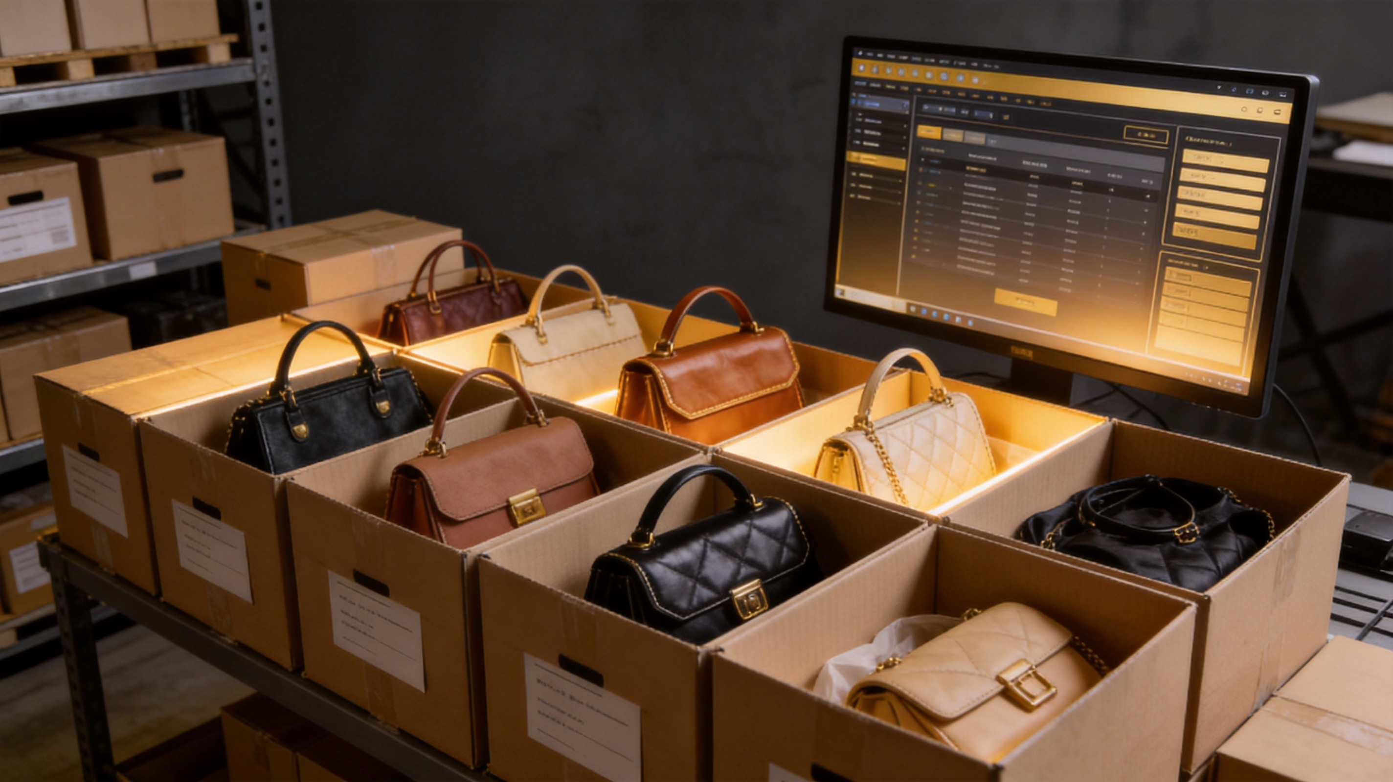 Color-blocked handbag wall display showing gradient arrangement from neutral to bold seasonal colors