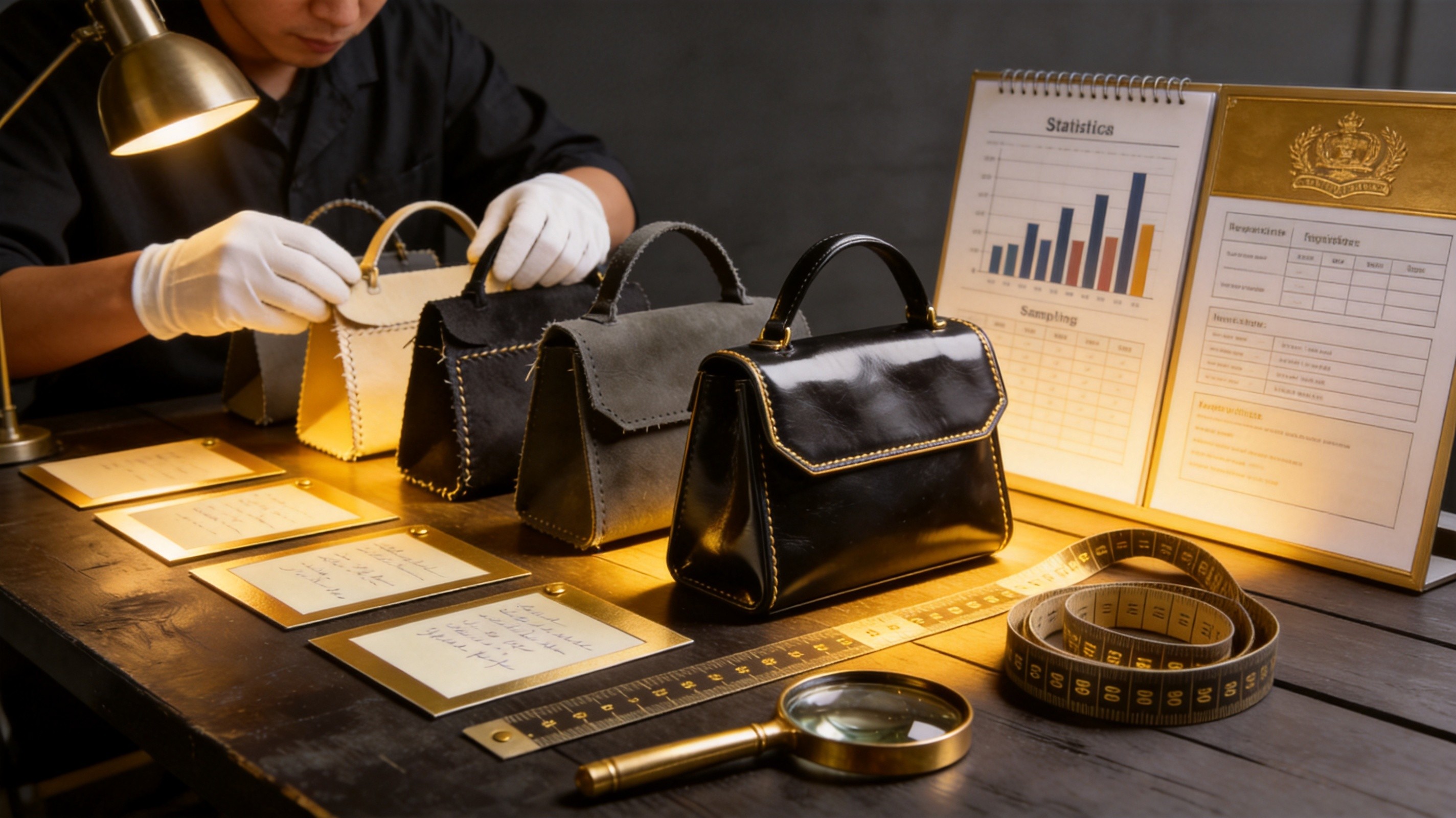 Island table display featuring curated handbag collection with decorative risers and lifestyle props