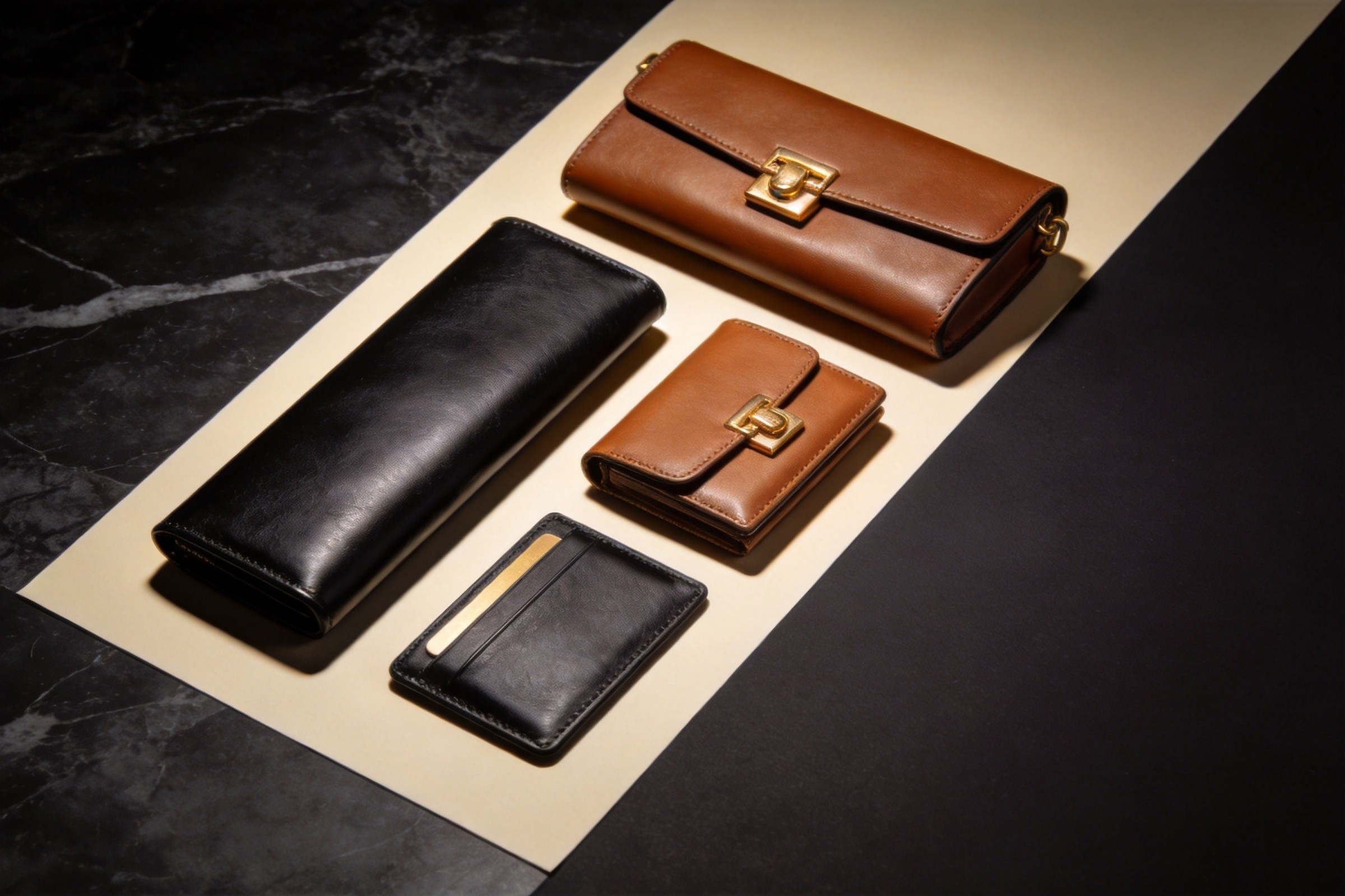 Finished bi-fold and tri-fold wallets displayed side by side on a luxury leather goods showroom shelf showing final product presentation